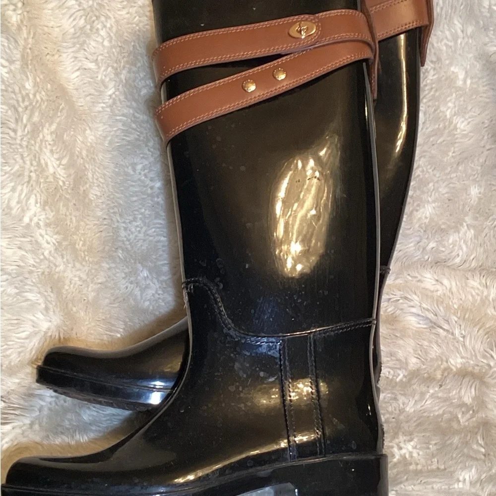Coach Talia Black and Brown rubber Women's rain Boots size 8